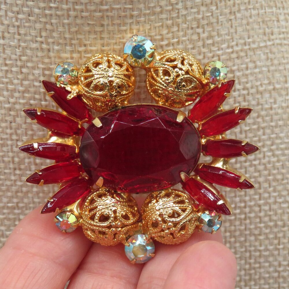Juliana Red Rhinestone Gold Tone Filigree Brooch - Picture 5 of 8